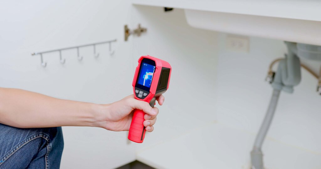 Plumber holding leak detection meter